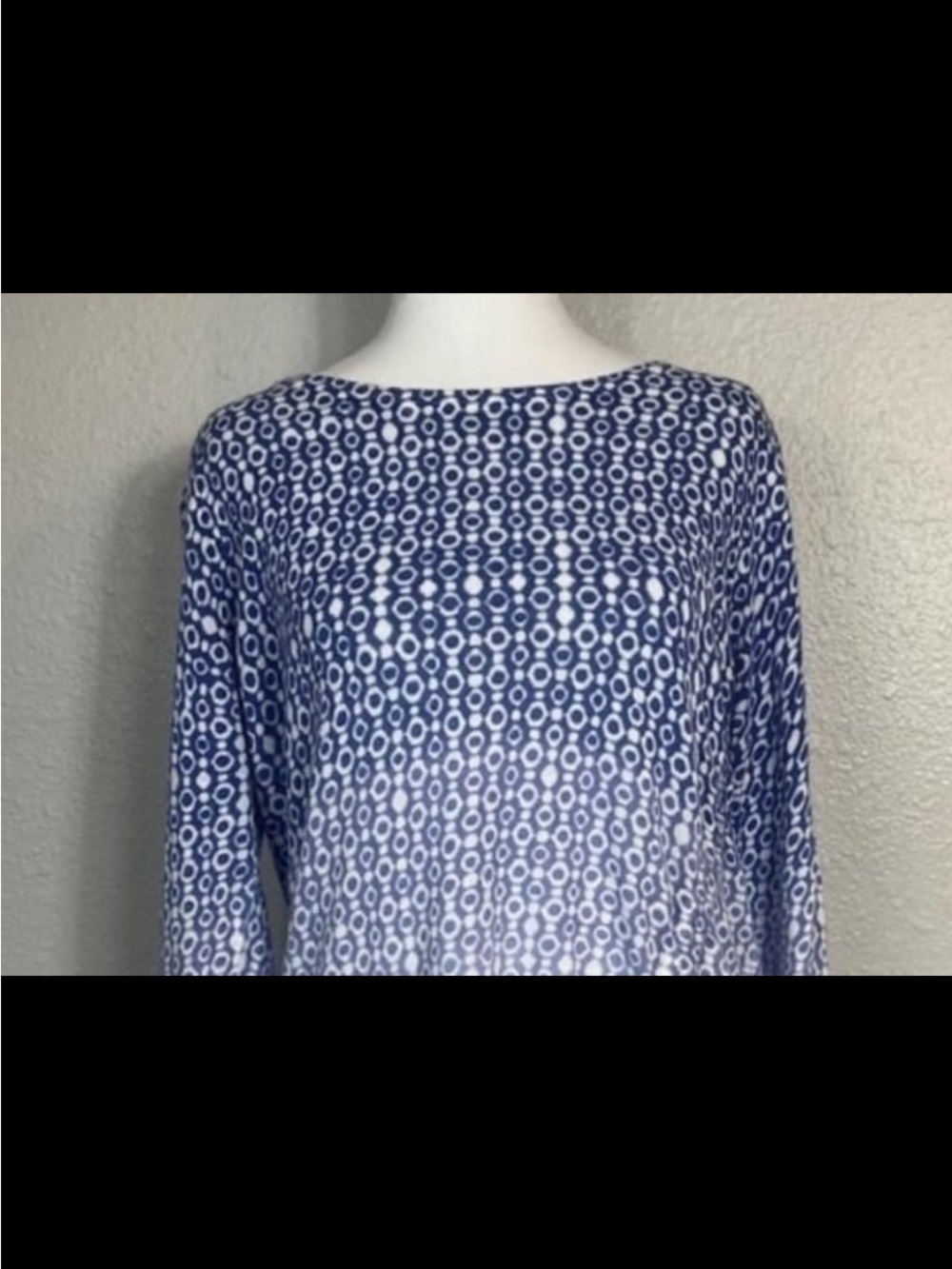 Chico's Blue and White Scoopneck Geometric Print Sweater